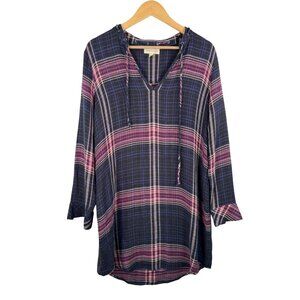 Cloth & Stone Plaid Tunic‎ Top L Blue Pink preppy boho sz L